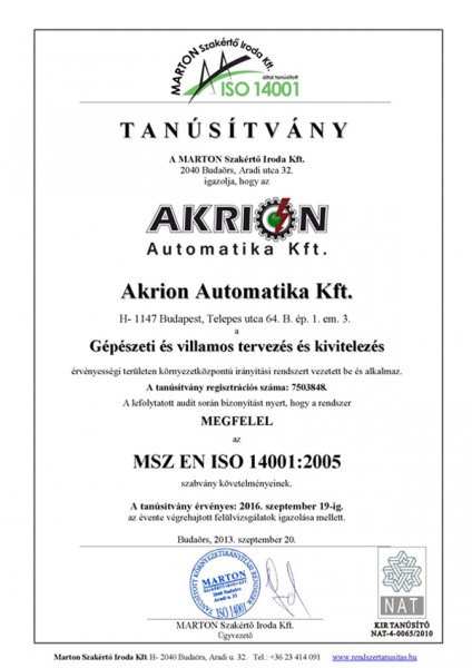 MSZ EN ISO 14001 Certificate