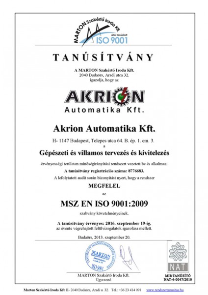 MSZ EN ISO 9001 Certificate