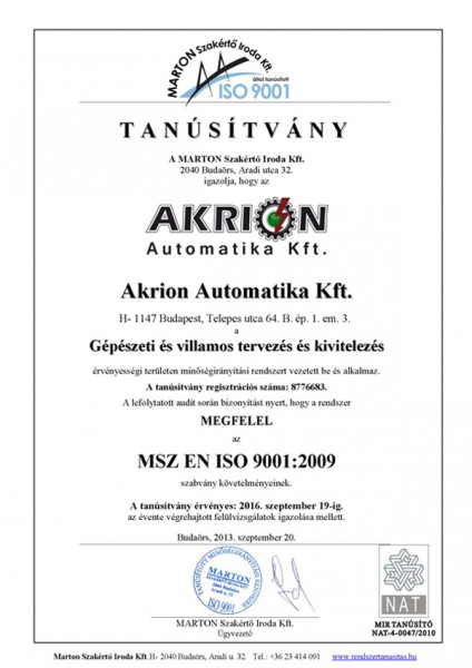 MSZ EN ISO 9001 Tanúsítvány